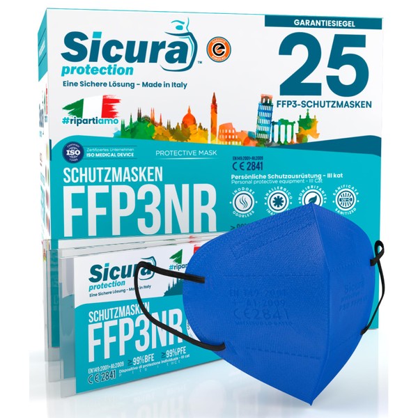 25 FFP3 Masks, CE Certified, Cobalt Blue, Black Rubber Bands,