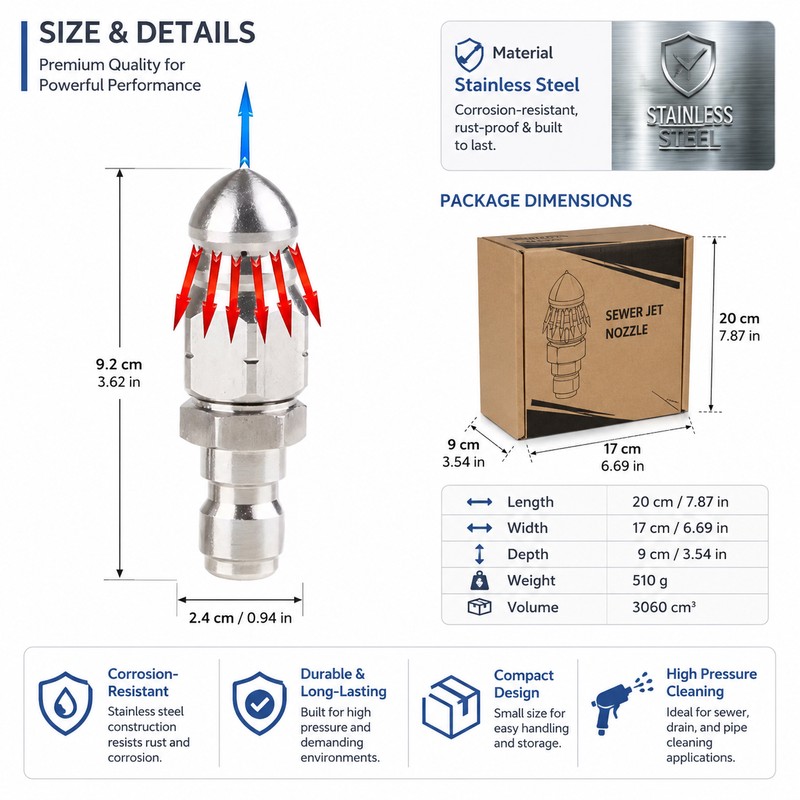 Sewer Jetter Nozzle Kit for Pressure Washer Use – Stainless