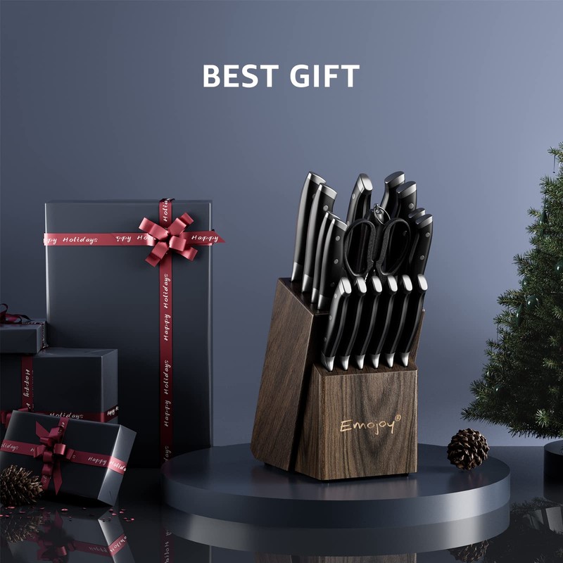 Emojoy Knife Set, 18-Piece Kitchen Knife Set with Block Wooden,