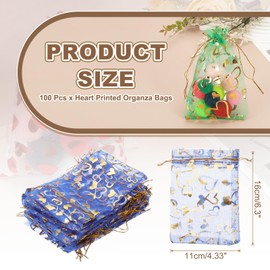 PATIKIL 100 Pcs 4x6 Inch Heart Printed Organza Bags, Navy Blue Sheer Heart Organza Bags with Drawstring for Christmas Candy Jewelry Party Wedding Favor Gift