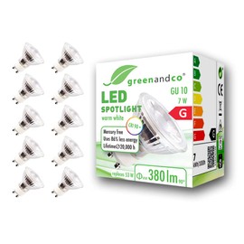 greenandco® CRI90+ LED spot replaces 60 Watt GU10 halogen spot, 7W 510 Lumen 3000K warm white SMD LED spot 36° 230V AC glass with protection glass, not dimmable, flicker free.
