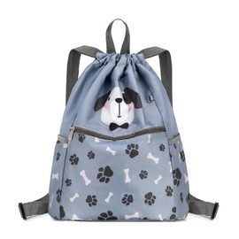 Ryushoyo Children Boy Girl Dog Print Drawstring Backpack Outdoor Casaul Portable Shoulder Bag Swim Gymsack Sack Pack Grey