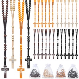 ZHLISHQINJJ 24 Pcs Wooden Bead Rosary Necklace, Catholic Rosary Wood Carved Beads with Jesus Cross First Communion, Rosary Bulk Wooden Rosary Beads with Organza BagsBaptism Favors Catholic Gift for Men Women(Multicolor-24pcs)