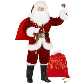 Higen Santa Claus Costume for Men, 11pcs Deluxe Professional Christmas Velvet Santa Adult Suit Xmas Red Plus Size Outfit Set