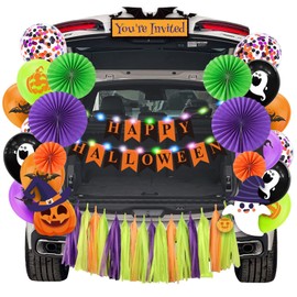 Halloween Trunk or Treat Decorations Kit for Car SUV with Banner, Paper Fans, Balloons, Tassel, Halloween Decor for Garage Door Entryway Archway