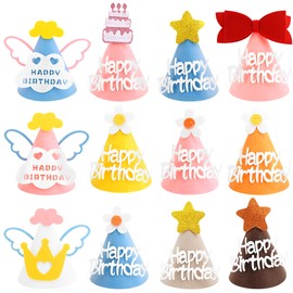 CANREVEL 12 PCS Felt Party Hats for Kids and Adults, Reusable Party Supplies for Birthday Party Decorations, Cone Hats in 12 Designs for Girls Boys Women Men