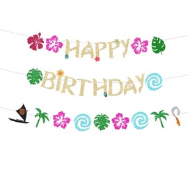 Hawaiian Happy Birthday Banner - Glittery Gold Birthday Banner for Party Decorations Birthday Sign Tropical Luau Summer Baby Shower Decor Party Supplies Decor