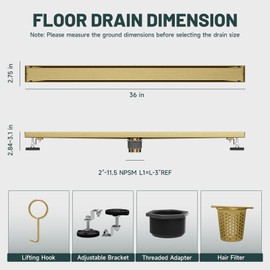 Greenspring 36-Inch Linear Shower Floor Drain, Stainless Steel Bathroom Floor Drains, Rectangular Shower Trench Floor Drain, Hair Strainer, Brushed Gold
