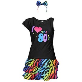 80s Women's Costume - Colourful Tutu Headband and Black Neon Shirt - Size S-XXL - Ballet Fancy Dress Carnival Tulle Skirt Short, Size: XXL