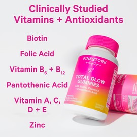 Pink Stork Total Glow Gummies - Hair, Skin, and Nails Vitamins - 11 Vitamins & Nutrients - Biotin, Vitamin A, B6, B12, Folate - Beautiful Hair, Radiant Skin, and Strong Nails - 60 Berry Biotin Gummies