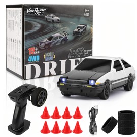 VoleRusher RC [4WD Edition 1/43 Scale Mini RC Drift Car, Toys for Age 8-14 Old Birthday Gifts, High Speed Racing Micro Small with Full Proportional RTR 2.4GHz Remote 2 Tire Sets 8 Cones - White