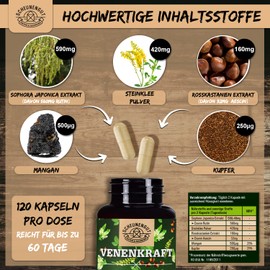 VENENKRAFT® Rutin Stone Clover Capsules High Dose Important: Laboratory-Tested Vein Complex with Rutin, Stone Clover, Horse Chestnut Extract, Manganese, Copper & More I Pack of 120 SCHEUNENGUT®