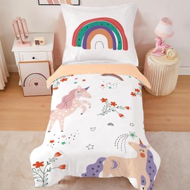 CINYE Children's Girls Kawaii Unicorn Bed Linen 140 x 200 cm Reversible Bed Linen with 65 x 65 cm Pillowcase 3D Printed Flowers Rainbow Pattern 100% Microfibre Colourful Bed Linen with Zip