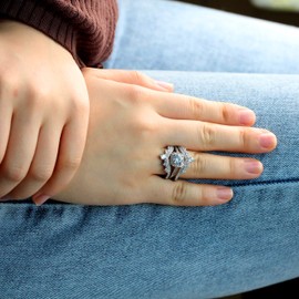 Women's Brilliant Cut Round CZ Band Guard Enhancers Engagement Stacking Wedding Ring Set 925 Sterling Silver (size L)