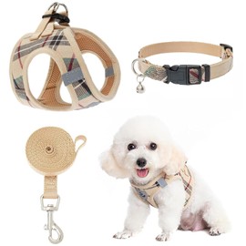 Dog Harness, Collar, Lead Set, Leash Set, Chest Harness, Check Design, Handle Included, Mesh Material, Gentle on Body, Vest, Reflective Material, Adjustable, Walking, Easy to Put on and Take Off, Pull