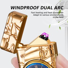 BABOBIU Encendedores electrónicos Moda a Prueba de Viento Recargable de Alta Potencia de Doble Arco más Ligero Embalaje en Caja de Regalo (Oro)