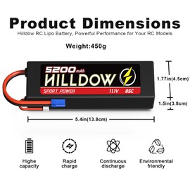 Hilldow 11.1V Lipo RC Battery 3S 85C 5200mAh Lipos Batteries Rechargeable with EC5 Connector for RC Car Boat Truck Helicopter Airplane Racing Models