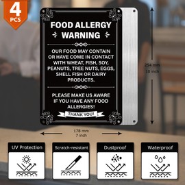 YIKIADA 4 Pack Food Allergy Warning Sign 10 × 7 Inches Pre-Drilled Holes Waterproof Aluminum Metal Signage Caution Safety Notice for Restaurants Cafe Bar