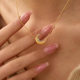 AIBELOPY Dainty Crescent Moon Necklaces for Women Blue White Cubic Zirconia Necklace Hypoallergenic Trendy 14K Gold Plated Necklaces Jewellery Birthday Gifts (Gold)