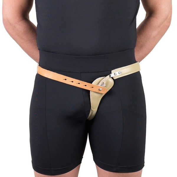 Hernia Truss, Single Spring, Scrotal Pad Compression, Leather, 44 inch