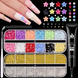 Metal Nail Beads (Silver+Gold) and Colorful 3D Flowers with Rhinestones Glue Gel for Nail Art, Half Flatback Pearls (White) Blossom Pearl Nail Charms and Round Caviar Beads for Manicure Decor
