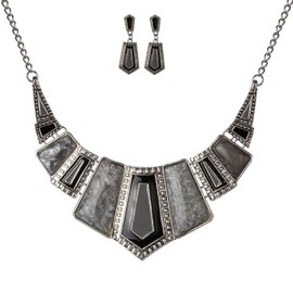 YAZILIND Vintage Ethnic Tibetan Silver Irregular Rhinestone Bib Collar Earrings Necklace Jewelry Set (Grey)