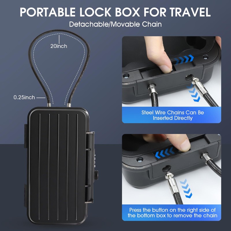 Eikovia Beach Lock Box,Travel Safe Lock Box with Removable Chain,Locking