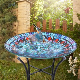 VCUTEKA Mosaic Bird Bath, Glass Birdbath Detachable with Metal Standing for Outdoor Patio Garden Backyard Décor