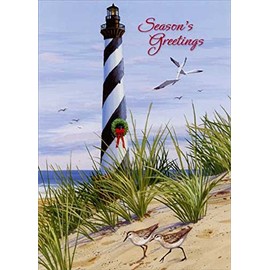 Designer Greetings Boxed Red Farm Studios Christmas Cards, Lighthouse with a Wreath and Sandpipers (Box of 18 Nautical/Coastal Holiday Cards with White Envelopes),125-00840-000