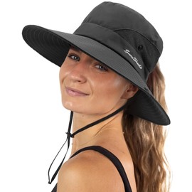DRESHOW Women Sun Hat Outdoor UV Protection Hat Foldable Mesh Wide Brim Fishing Ponytail Beach Bucket Hats
