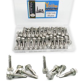 Yoliko #12x1" Hex Washer Head Self Drilling Screws, 410 Stainless Steel, Self Tapping Sheet Metal Tek Screws, 50 PCS