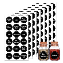 Andiker 144Pcs Spice Jar Labels, Preprinted Self-Adhesive Spice Jar Stickers, Waterproof Seasoning Label Stickers for Jars Bottles and Containers (Round, Black)