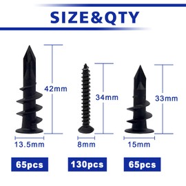 Drywall Anchors Self Drilling Hollow Wall Anchors with Screws, No Pre Drill Hole Preparation Required, Nylon Plastic, 13.5x42mm, 15x32mm, 260 Pieces, Black