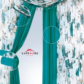 Sapphire Home Sheer Curtains - Two Tone 4 Panels Set w/Valance & Tiebacks, 55"x84", Lightweight Light-Filtering Window Curtain for Living Room, Bedroom, Kitchen, Dining Room - Turq Blossom/Turq