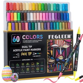 FEGLEEN 60 Colors Acrylic Paint Markers,Dual Tip Acrylic paint Pens Contain 12 Metallic Colors 6 Glitter and 6 Neon Markers for Rock Painting,Egg,Wood,Glass,Canvas,Ceramic,Crafts,Art Supplies