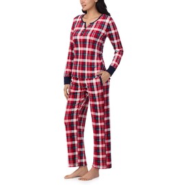 Nautica Pajamas for Women Set, Womens Long Sleeve Henley Pajama Shirt Top & Pants, Cozy Soft Sleepwear Lounge PJ Sets for Women, Women's Winter Warm Fleece PJs Loungewear - Red Plaid, Large