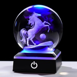 Ornalrist 8cm Crystal Ball Engraved 3D Horse Figurine Gifts for Women Glass Horse Globe with LED Base Home Collectible Paperweights Ornaments Presents on Christmas Birthday