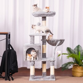Heybly Heybly Cat Tree with Toy, Cat Tower Condo for Indoor Cats, Cat House with Padded Plush Perch, Cozy Hammock and Sisal Scratching Posts, Light Gray HCT004SW