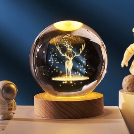 3D Deer Forest Crystal Ball Night Light Ball Projection Lamp Planet Model,3D Crystal Ball with Led Wooden Base for Christmas Thanksgiving Birthday, Home Room Decor LED Night - USB Powered