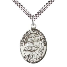Saint St.s Cosmas & Damian Medal Necklace – Men's Pewter Pendant on 24 Inch Light Endless Rhodium Plated Chain – Catholic Patron Saint St.s of Surgeons & Barbers – Velvet Gift Box Included