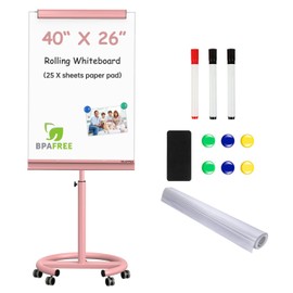 TSJ OFFICE Mobile Whiteboard Magnetic - 40 x 26 Inches Dry Erase Board on Wheel with Stand Flipchart Easel Height Adjustable,Pink