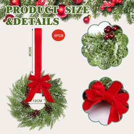 Barydat 4 Pcs Christmas Wreath Decorations Christmas Kitchen Cabinet Wreaths with Red Ribbon Mini Wreaths Farmhouse Decoration Artificial Hanging Garlands for Front Door Window Chair Wall