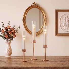 Gold Hurricane Candle Holders for Candlesticks, Set of 3, Tall