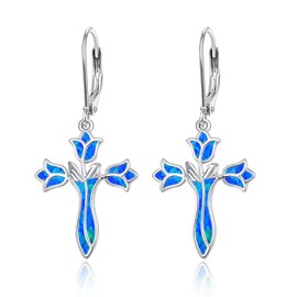 Dreamboat Sterling Silver Cross Earrings for Women Lever Back Dangle Earrings Blue Opal Flower Tulip Rose Earrings Faith Christian Confirmation Religious Jewelry for Mom