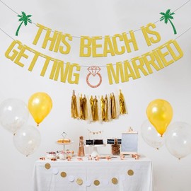 This Beach Is Getting Married Banner, pancarta de despedida de soltera en la playa, pancarta para beber en la playa, pancarta tropical de Hawaii Luau, decoración de fiesta de cumpleaños, purpurina dorada y verde