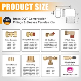 Ailbiuko 109Pcs Brass DOT Air Brake Line Fittings, 1/4" 1/8" 3/8" 1/2" 5/8" Compression Air Nylon Tubing Fitting Assortment Repair Kits for Truck or Industrial System