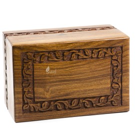 INTAJ Borders Wooden Urns for Human Ashes Adult Funeral Urn, Wooden Cremation Urns for Ashes Engraving, Wooden Box (M - 7.5", Border Carved)