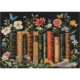 crowm 1000 Pieces Jigsaw Puzzles for Adults, Book Puzzles Wildflower Pages for Books and Blossoms Lover Nature Puzzle Floral and Butterflies as Home Decor