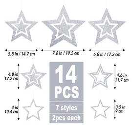 BETESSIN Stars for Hanging Silver – Pack of 14 Christmas Stars Made of Glitter Paper – Christmas Decoration for Hanging – Christmas Pendant for Christmas Tree, Ceiling Hangers, Crafts, Christmas