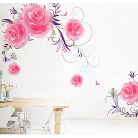 COVPAW® Wall Sticker XXL Roses Pink Flowers Wall Sticker Mural Pictures Living Room Bedroom Decoration